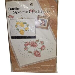 Vintage Bucilla Heart of Roses Dresser‎ Scarf Stamped Cross Stitch Kit 64452